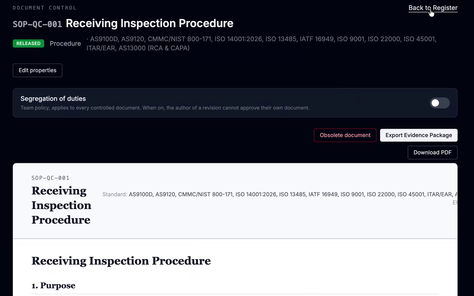 Released controlled document SOP-QC-001 with its standards mapping, segregation of duties policy, and Export Evidence Package and Download PDF actions