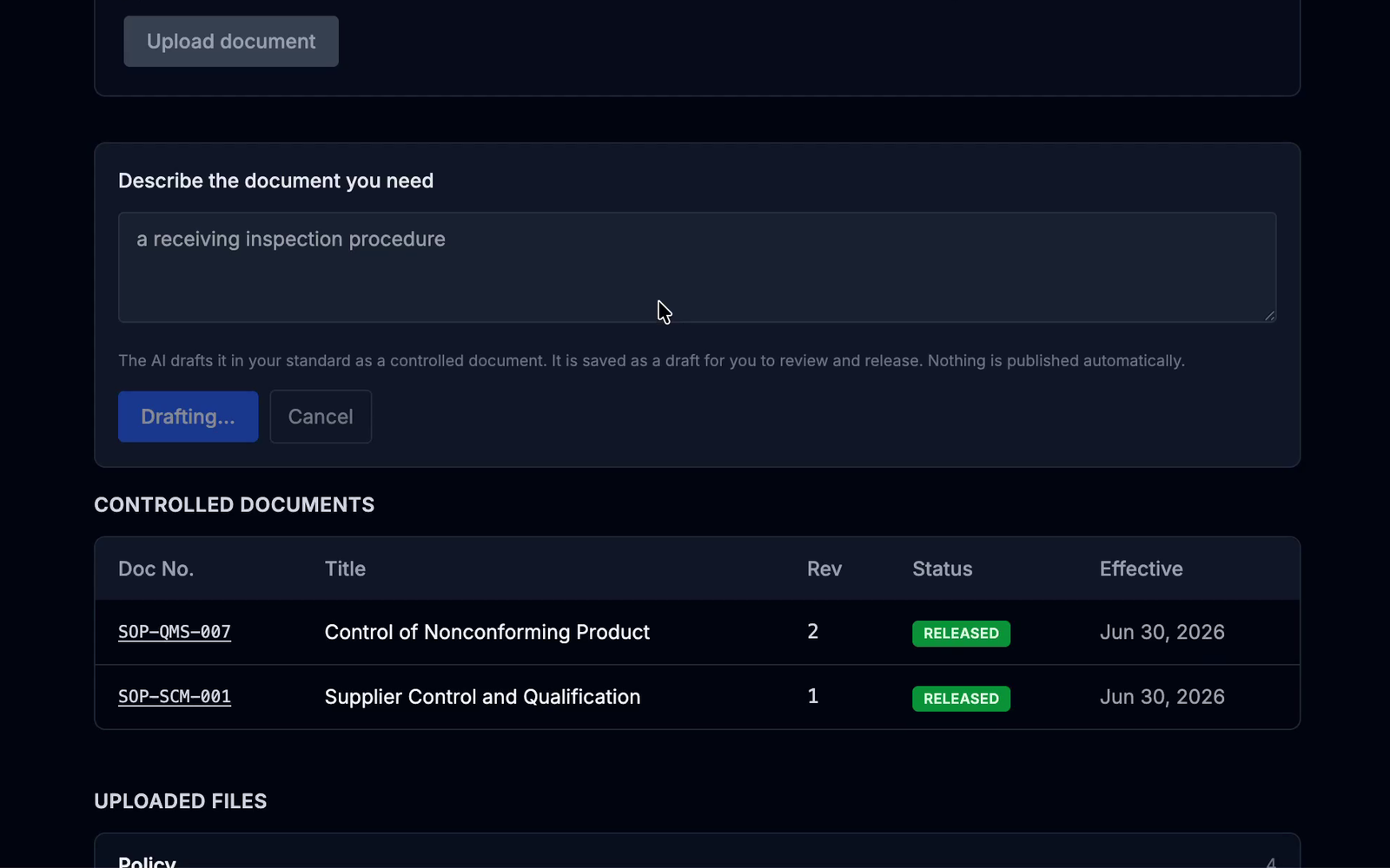 Drafting a Receiving Inspection Procedure in the Workbench, shown as Revision 1 draft
